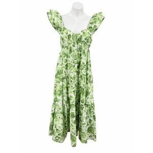 Abercrombie & Fitch Floral Ruffle Midi Dress Smocked SZ MT Women's Green Flutter